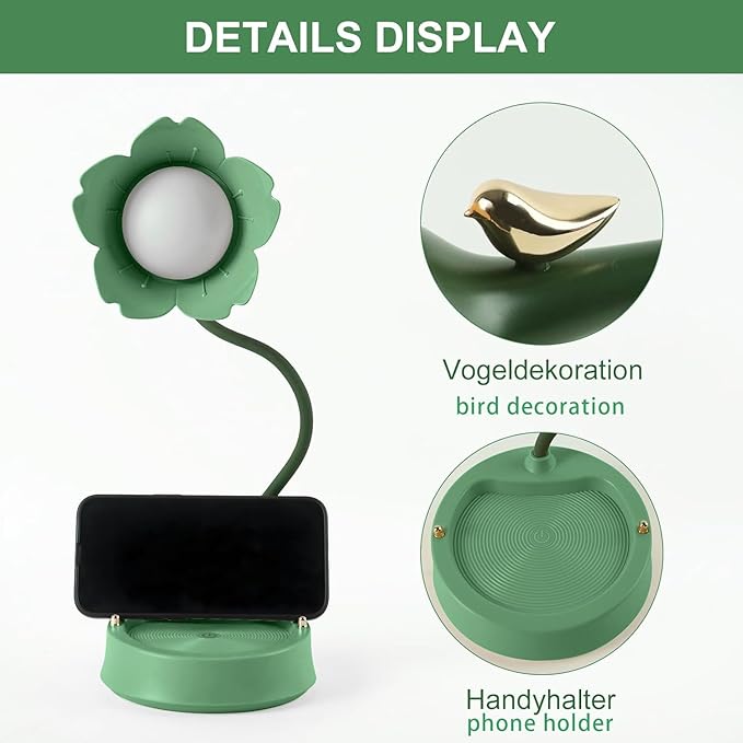 Desk Lamp for Kid, Dimmable LED Table Lamp with 3 Colour Temperatures, Rechargeable Desk Lamp with Touch Sensor and Flexible Arm, USB Bedside Lamp for Reading, Learning, Working (Green)