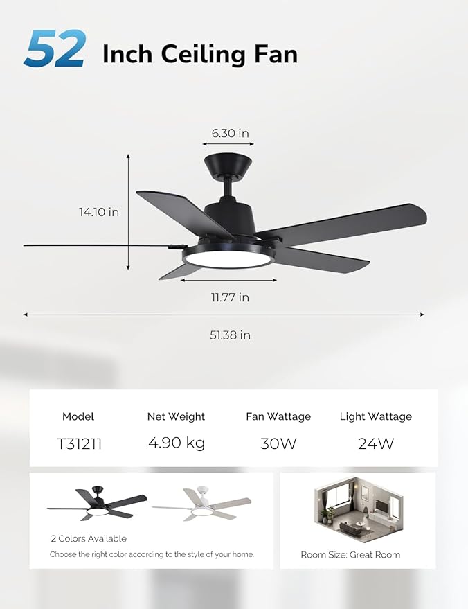 Orison Ceiling Fans with Lights, 52 inch Low Profile Ceiling Fan with RGB Backlight, Flush Mount Ceiling Fan with Remote and App Control,White Bedroom Fan, 6 Speeds, 5 Reversible Blades (Black RGB)