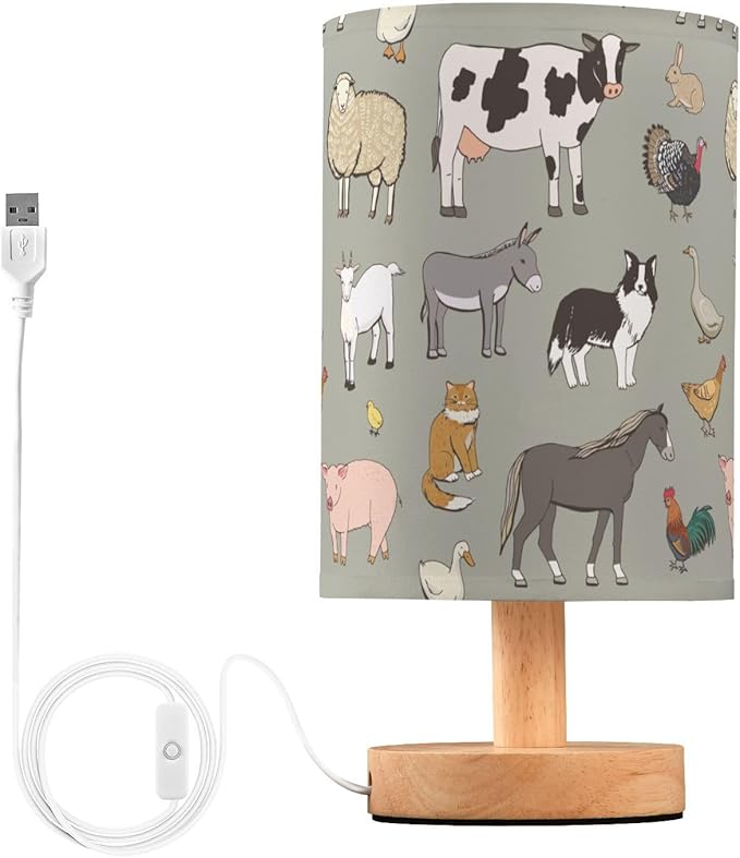 Bedside Table Lamp Farm Animals Nightstand Lamp with Wood Cows Sheep Pig Fox Chicken Duck Dog Rabbit Desk Lamps for Bedroom Living Room Nursery Office Home Decor