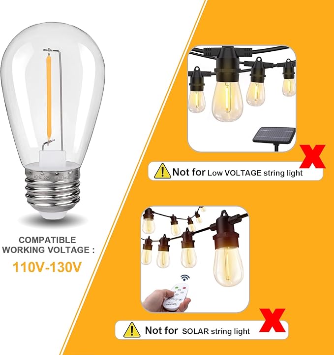KGC 25 Pack Shatterproof & Waterproof S14 Replacement LED Light Bulbs –1W Equivalent to 10W, White Warm 2200K Outdoor String Lights Vintage Filament Bulb, E26 Base Edison LED Bulbs