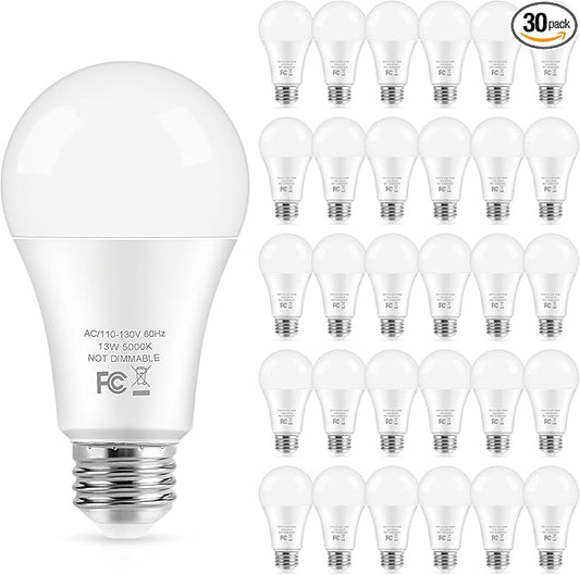 LED Light Bulbs, 100 Watt Equivalent A19 LED Bulbs, 13W 5000K Daylight White 1500 Lumens Non-Dimmable Bright E26 Edison Medium Screw Bulbs for Home Bedroom Living Room Office Outdoor Lamp, 30-Pack