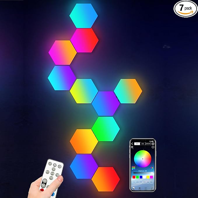 Amailtom Hexagon LED Lights Sync with Music, Hexagon Gaming Wall Lights App and Remote Control, 16 Million Colors Modular Light Panels DIY Geometry Splicing for Gaming Room Bedroom, 7 Pack