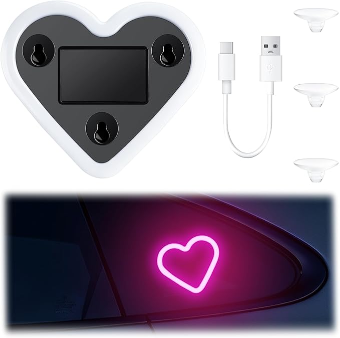 Car LED Interior Lights, Heart-Shaped Ambient Light for Windows, 5 Lighting Modes, Charging Through Type-c and Solar Energy, Car Decorations for Women Men, Pack of 1, (Pink)