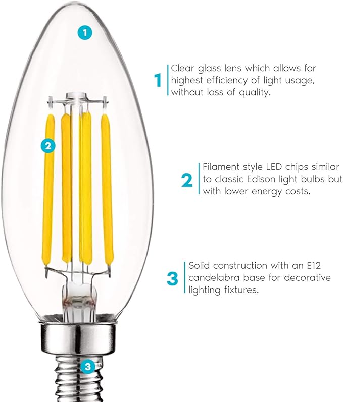 LUXRITE Vintage Candelabra LED Bulb 60W Equivalent, 550 Lumens, 3000K Soft White, LED Chandelier Light Bulbs 5W, Dimmable, Clear Glass, Filament Candle Bulbs, UL Listed, E12 Base (6 Pack)
