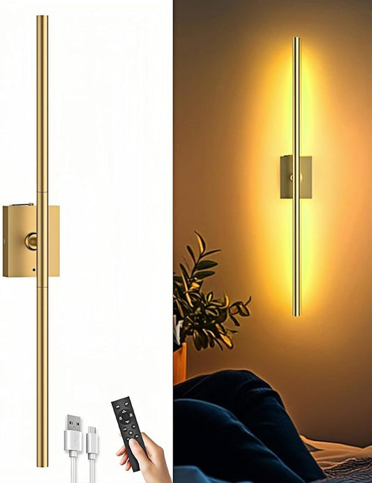 iThird 1 Pack Battery Operated Wall Sconce, Wireless Battery Wall Sconce with Remote Control, Gold LED Rechargeable Sconces, 31.5 Inch Modern Cordless Wall Lights for Bedroom Living Room Picture