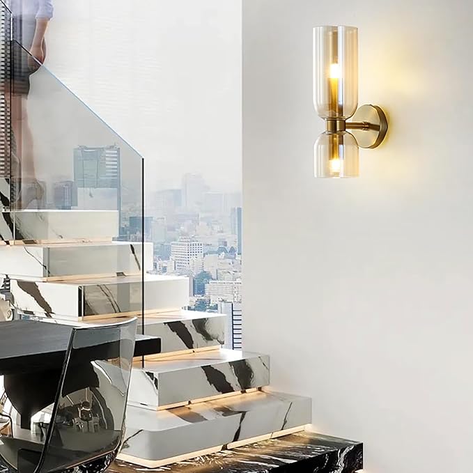 Sconces Wall Lighting Gold Wall Sconce Set of Two 2-Light Vintage Bathroom Vanity Light with Amber Shade Satin Brass Finish for Living Room Corridor (Gold+Amber)
