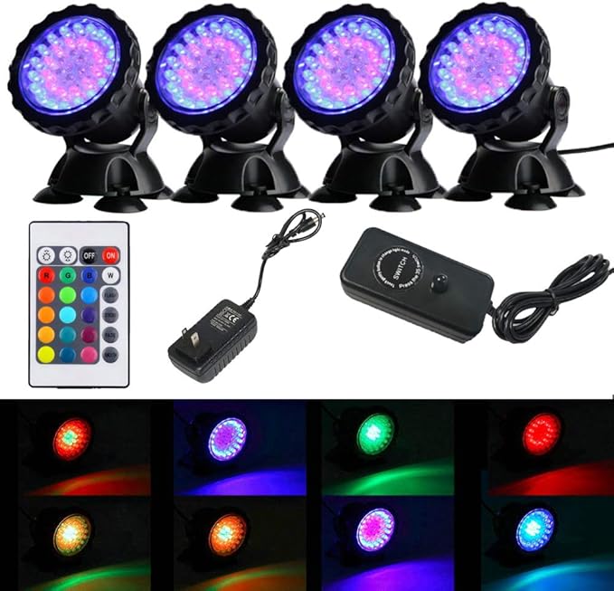 iMeshbean Submersible Led Pond Lights,Set of 4 144 LEDs Underwater Pool Fountain Waterfall Lights Color Changing Lamp with Remote Control