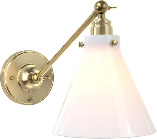 Industrial Vintage Slope Pole Wall Mount Single Sconce with Funnel Flared Clear Glass Shade, Swing Arm Wall Sconce Light Lamp Fixture Hardwired