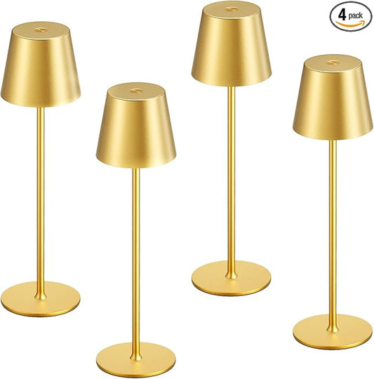Kakanuo Cordless Table Lamp Rechargeable Gold - KK 4 Pack Battery Operated Lamp for Dining Table, 3 Color Stepless Dimming Waterproof LED Wireless Lamp for Counter, Outdoor Patio, Touch Control