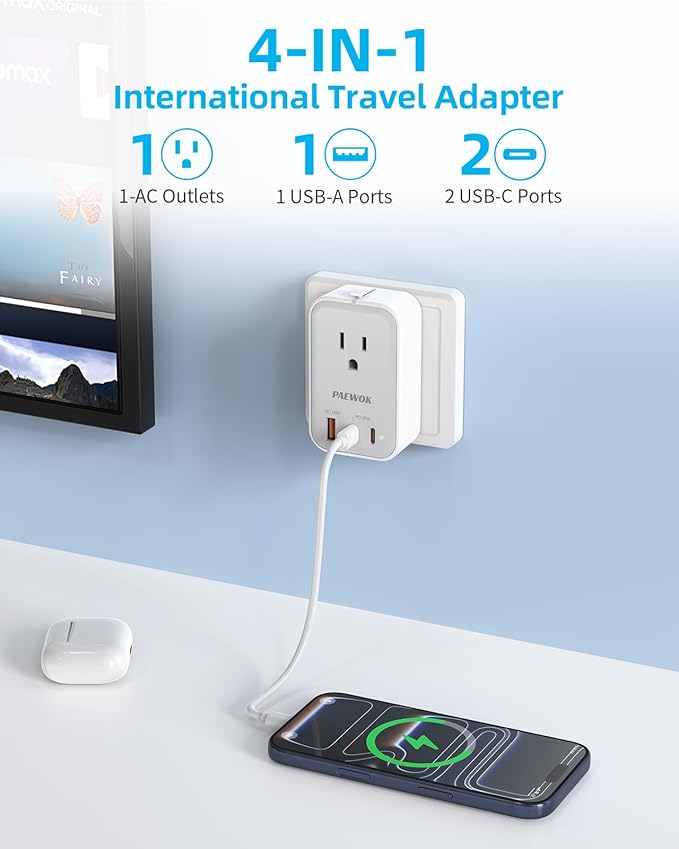 Travel Adapter PD 20W, Mini Universal Travel Adapter with 1 AC Outlet and USB Fast Charging, Ultra Thin International Plug Adaptor for US to European UK Italy Spain New Zealand (Type C G A I)