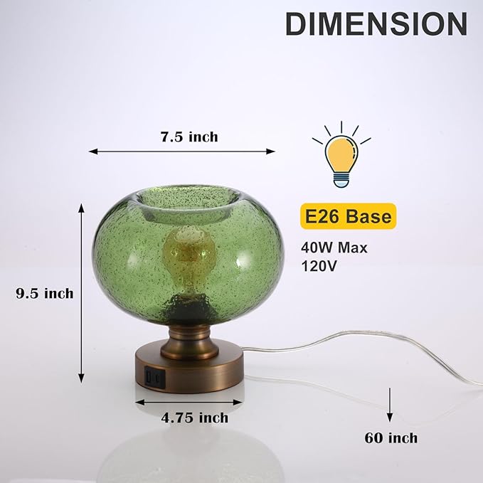 Mid Century Glass Table Lamp,Dimmable Desk Lamp,LED Bulb Included,Touch Control & USB A+C Port,Green Seeded Glass