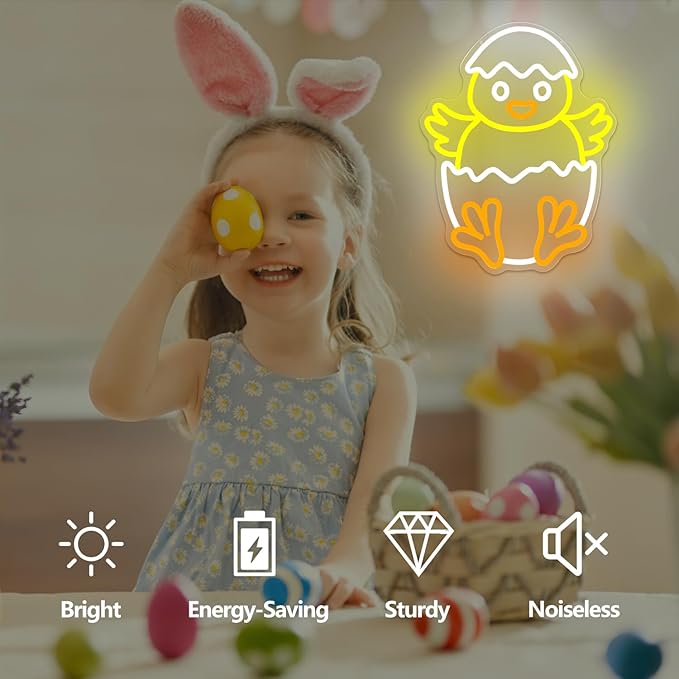 Easter Chicks Neon Sign Dimmable Baby Chicks Led Sign Little Chicken Breaking Out Of Eggshell Window Lights Easter Egg Spring Decorations Gifts For Kids
