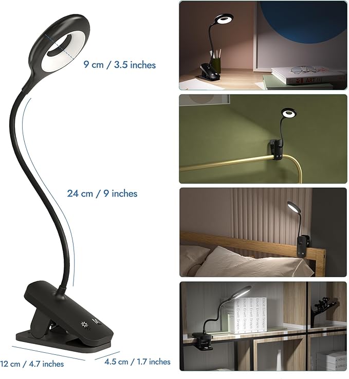 CUHIOY 2Pack Clip on Reading Light, 5 Colors 5 Brightness Bed Light for Headboard, Battery Rechargeable Flexible Neck Desk Lamp with Strong Clamp, Eye Protect LED Night Light for Kids Bunk Bed（Black）