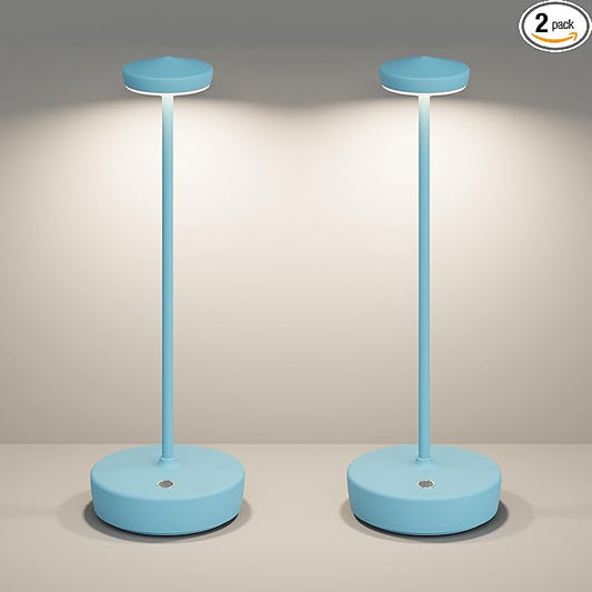 Cordless LED Table Lamp,Rechargeable 5000mAh Battery - Touch Control 3-Level Brightness, Portable Metal IP54 Waterproof for Patio, Restaurant, Cafe(2P Blue)