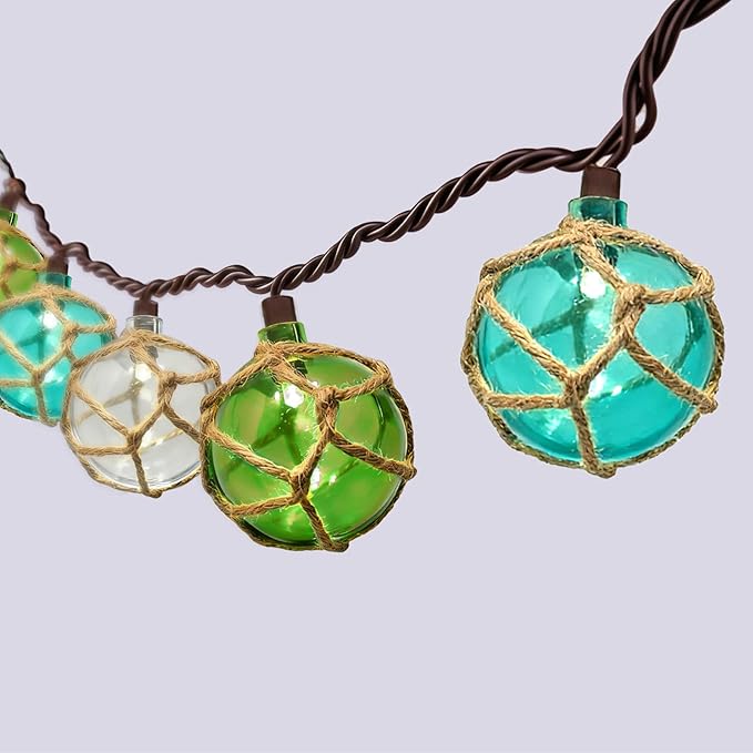 8.5Ft Nautical Fishing Float String Lights, Beach Themed Buoy Lights Set of 10 LED Tiki Bar Lights Indoor Home Decor and Outdoor Patio Decorations-Blue/Green/White