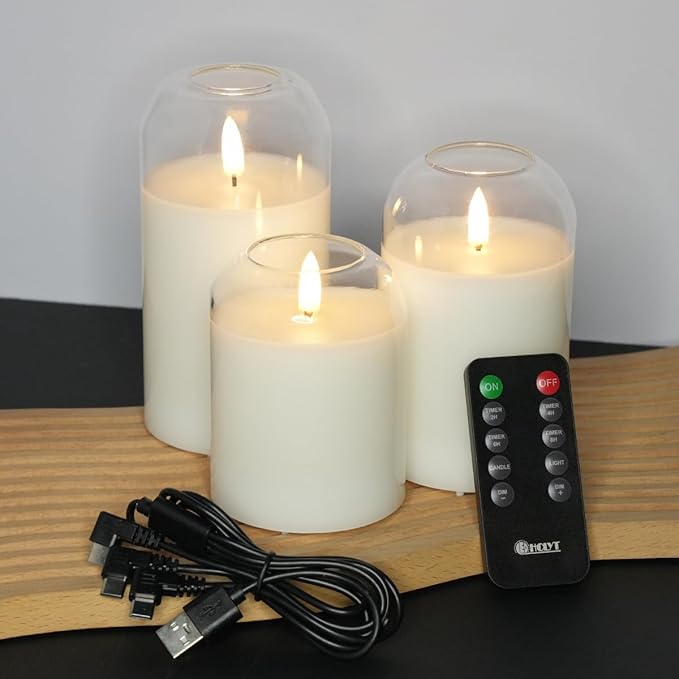 Rechargeable Glass Jar Flameless Candles, Realistic Flickering LED Pillar Real Wax Candle with Remote Control and Timer, Ideal for Living Room, Bedroom & Easter Home Décor, 1 Set of 3