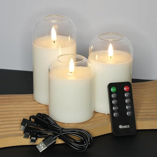 Rechargeable Glass Jar Flameless Candles, Realistic Flickering LED Pillar Real Wax Candle with Remote Control and Timer, Ideal for Living Room, Bedroom & Easter Home Décor, 1 Set of 3