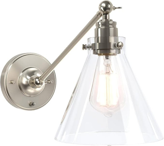 Industrial Vintage Slope Pole Wall Mount Single Sconce with Funnel Flared Clear Glass Shade, Swing Arm Wall Sconce Light Lamp Fixture Hardwired