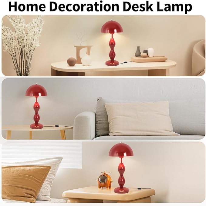 Mushroom Lamp,Red Mushroom Bedside Table Lamp for Living Room,Mid Century Vintage Table Lamps for Bedroom,Home Office Decor Desk Light,Aesthetic Nightstand Lamps,Flowerpot Desk Light,Red Iron Shade