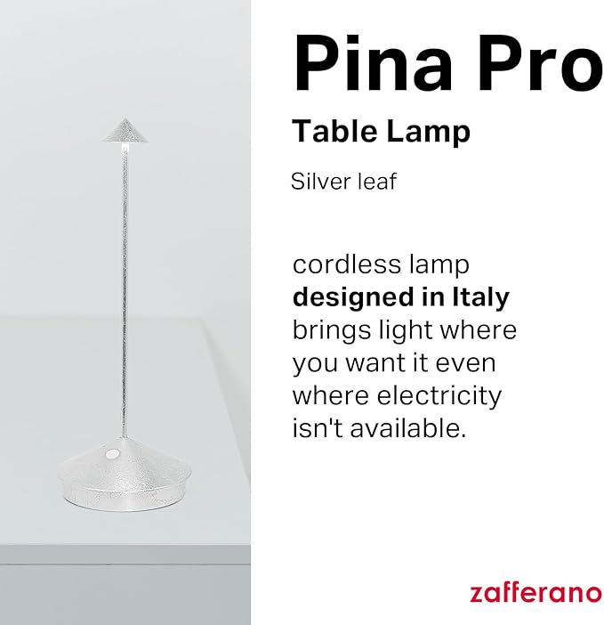Zafferano, Pina Pro Lamp with Silver Leaf, Rechargeable Cordless Table Lamp with Touch Controls, Usable as an Indoor Lamp, Dimmer, 2200-3000 K, Height 11.4 Inches