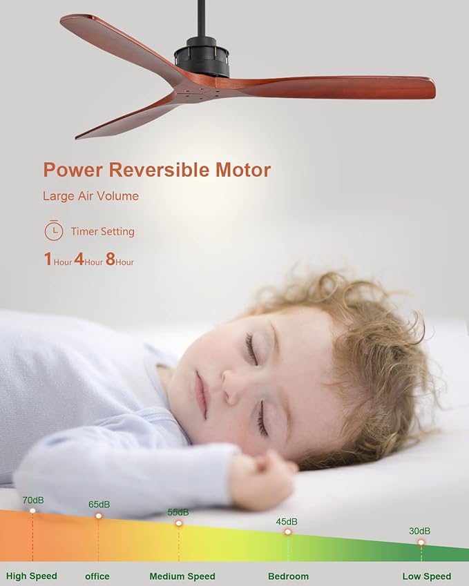 60 Inch Walnut Ceiling Fan with Remote Contro, 3 Wood Blade Ceiling Fans Without Lights, Ceiling Fan No Light with Timer, Noiseless Reversible DC Motor for Indoor Outdoor Farmhouse