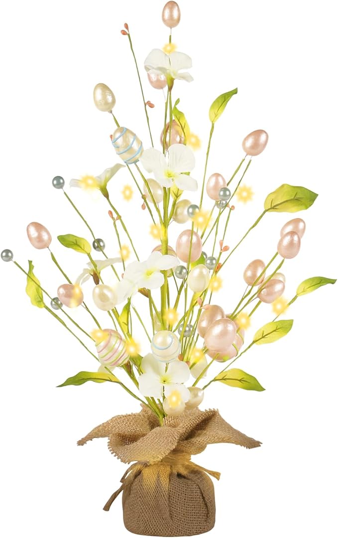 RoseCraft Easter Decorations, 18 Inch Easter Artificial Egg Tree Tabletop Decor with Delicate Ornaments, for Home Party Wedding Holiday Spring Summer Decoration, Pink/White.