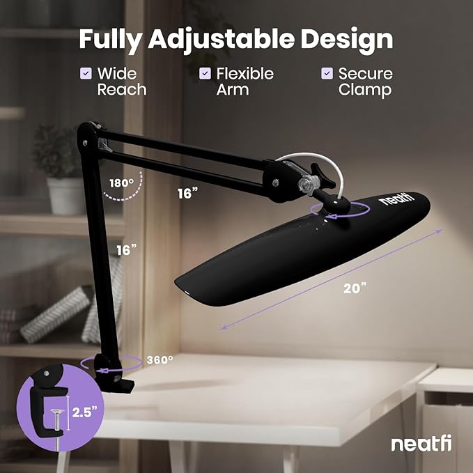 Neatfi XL LED Desk Lamp with Clamp, 2200 Lumens, 20W, 20-Inch Wide Head, Dimmable 4 Brightness Levels, 3 Color Modes 3000K–6000K, Task Light for Home Office, Crafts, Workbench (CCT, Black)