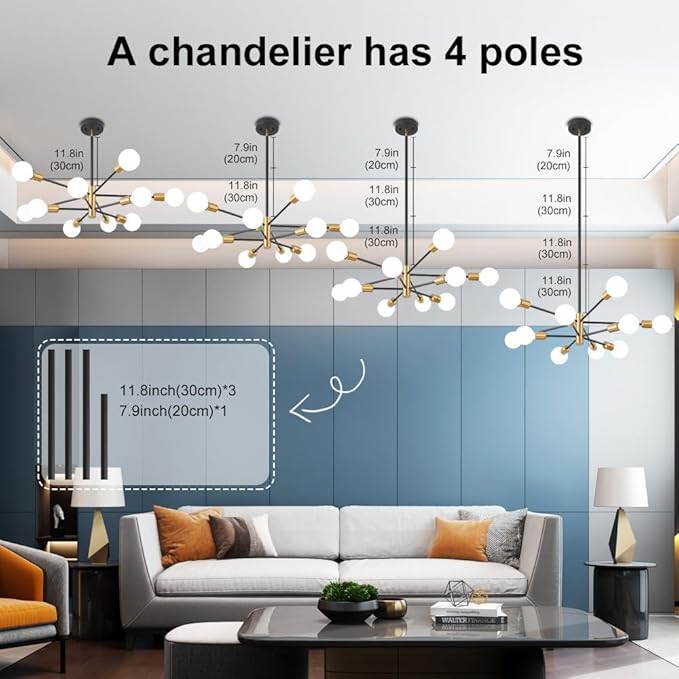Sputnik Chandeliers Black and Gold Chandelier Modern Pendant Light Fixture Mid Century Industrial Ceiling Lighting 10 Lights for Dining Room, Kitchen, Bedroom, Living Room and Farmhoue