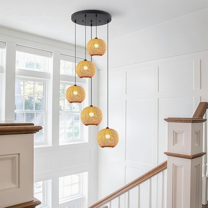 5-Light Rattan Chandelier Lighting for Staircase Boho Bamboo Long Chandeliers for High Ceilings, Wicker Adjustable Pendant Light Fixture for Foyer Living Room Entryway, E26 Base