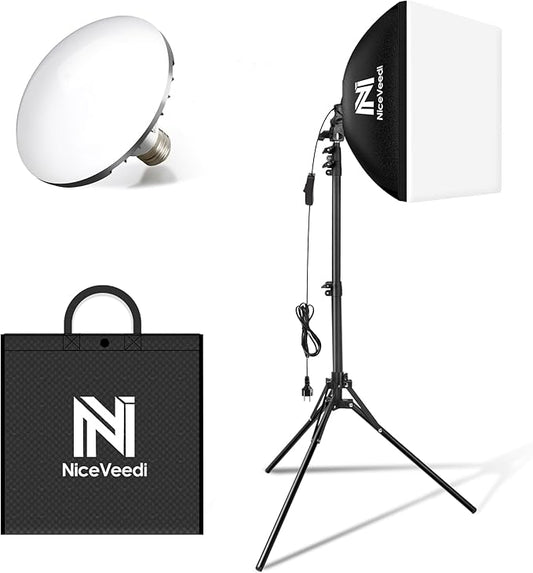 Softbox Lighting Kit, NiceVeedi 16'' x 16'' Softbox Photography Lighting Kit with 63” Tripod Stand & 5400K 450W Equivalent LED Bulb, Continuous Lighting for Photography/Video Record/Live Streaming
