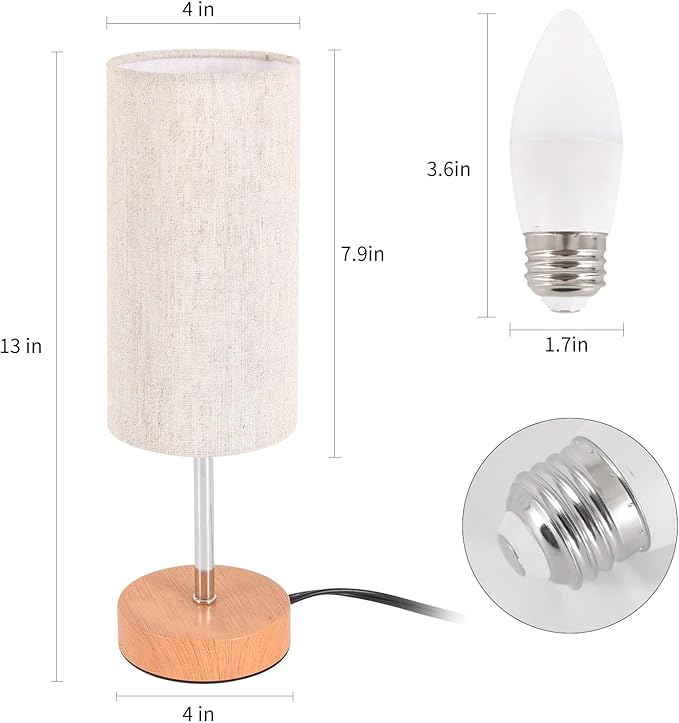 2 Pack Small Table Lamps, Bedside Lamps for Nightstand with Wire Switch, Modern Minimalist Desk Lamp with Linen Fabric Shade for Dorm Kids Room Living Room Office Bedroom, Bulb Included