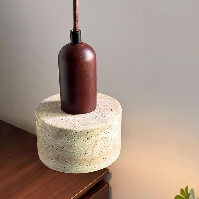 Natural Stone Shade Cylinder Pendant Light Walnut Wood Hainging Light Kit Retro Mini Pendant Lamp Nordic Pendant Lighting for Kitchen Island