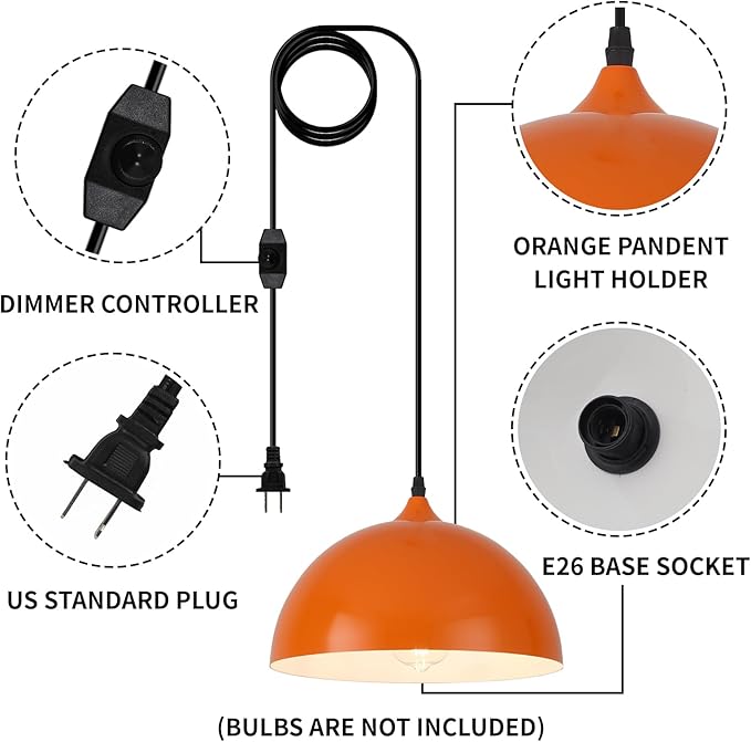 Orange Plug in Pendant Light 2 Packs 11.8inch, Modern Pendant Light, Kitchen Pendant Lights, Pendant Lights Kitchen Island, Hanging Lights with Plug in Cord 14.7 ft