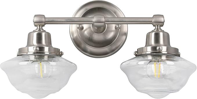 Design House Vintage-Inspired Schoolhouse 2-Light Dimmable Vanity Light, 16.875 in x 7.625 in x 9.5 in, Satin Nickel, Clear Seeded Glass Shades, 589135-SN