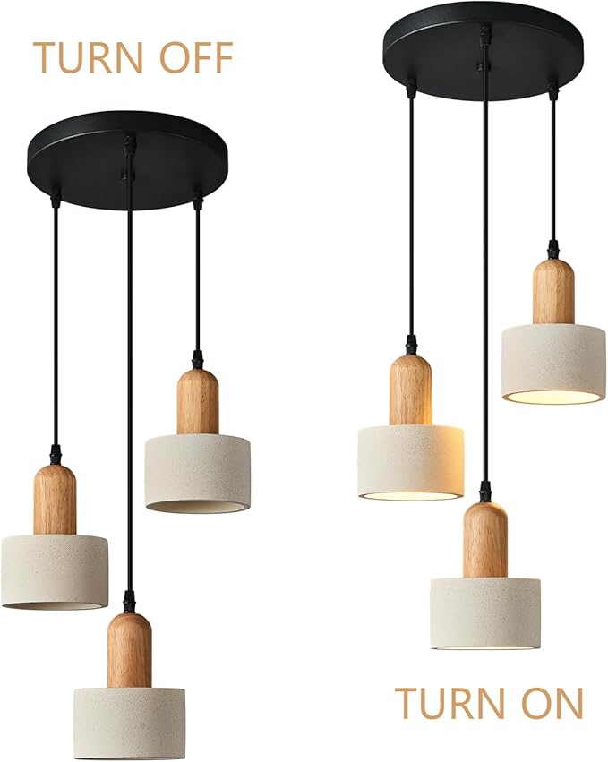 Modern Cement Pendant Lights White Chandelier Wooden Ceiling Lamps for Kitchen Island Bedroom Dining Room Living Room bar（Round 3-Light）