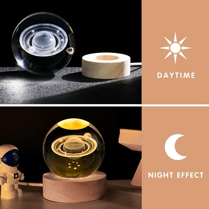 3D Saturn Crystal Ball with LED Stand, 60mm Glass Sphere Decorative Balls, Space Planet Galaxy Lamp Night Light Gifts for Women Kids