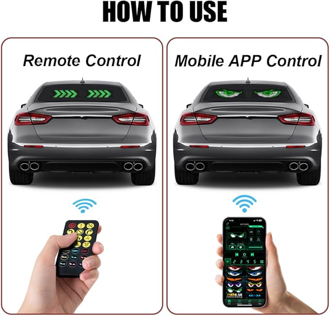 Gelrova Dual-Panel Blinking Devil Eyes Light LED Car Windshield Display: 2-Pack 14"x4" Programmable Matrix, Single USB Power, Remote/App Control, Custom Text/GIFS for Car SUVs, Trucks