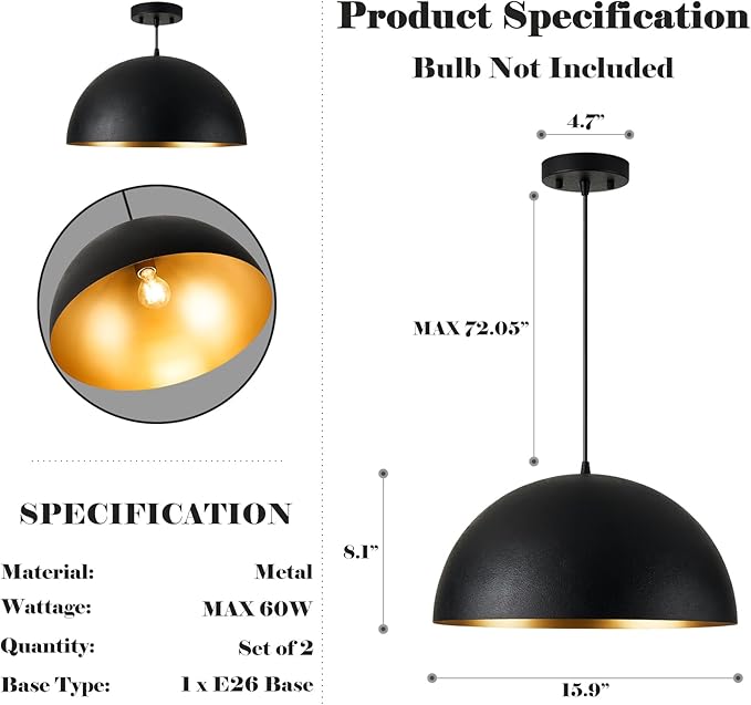 Industrial Pendant Lighting for Kitchen Island, 16 Inch Black and Gold Metal Dome Pendant Light Fixtures, Hemispherical Hanging Ceiling Light E26 Base for Reading Dining Room Foyer Cafe, 2 Pack
