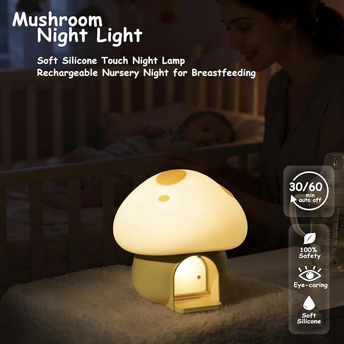 Kids Night Light, Kawaii Bunny Mushroom House Silicone Night Light with Tap Control, 3-Step Dimmable, 30/60 Min Auto-Off Timer, Rechargeable Bedside Nursery Lamp (Yellow)
