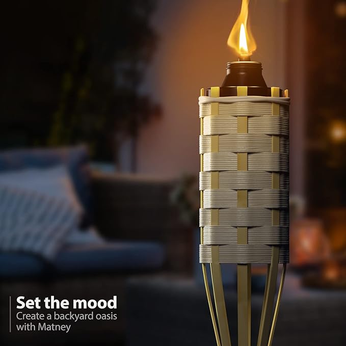 Matney Bamboo Torches for Outside Mosquitos Repellent - XL 60 Inches (8 Pack) - Includes Metal Oil Canisters with Snuffer Covers - Mosquito Torches Outdoor - Patio Outdoor Decorating & Parties