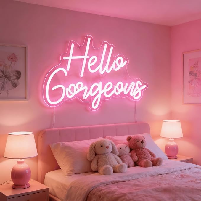 Hello Gorgeous Neon Light for Wall Decor, Pink USB Powered LED Sign with Dimmable Switch, Neon Sign for Home, Wedding, Birthday Backdrop, Party (Pink02)