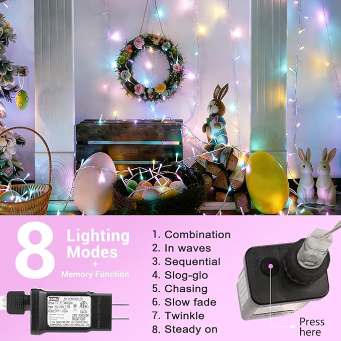 Easter Lights, 66ft 200 LED 8 Modes Pastel String Lights, Waterproof & Plug in Connectable Twinkle Fairy Lights Outdoor & Indoor, Tree, Party, Wreath Bedroom Easter Decoration (Pastel Multicolor)