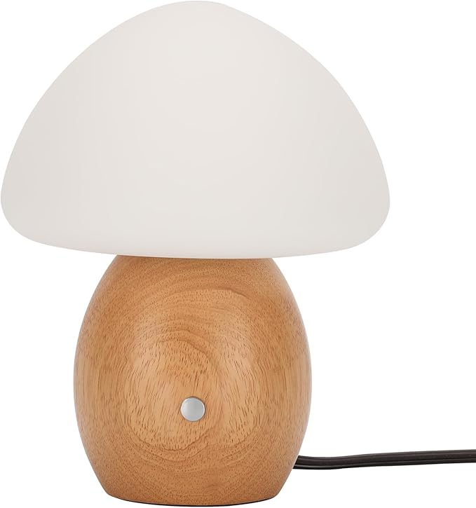 Mushroom Lamp with Touch Control Switch, Small Wooden Table Lamp with Glass Shade, 3 Way Dimmable Nightstand Lamp for Bedroom, G9 LED Bulb Included (Nature Wood&Opal White Glass Shade)