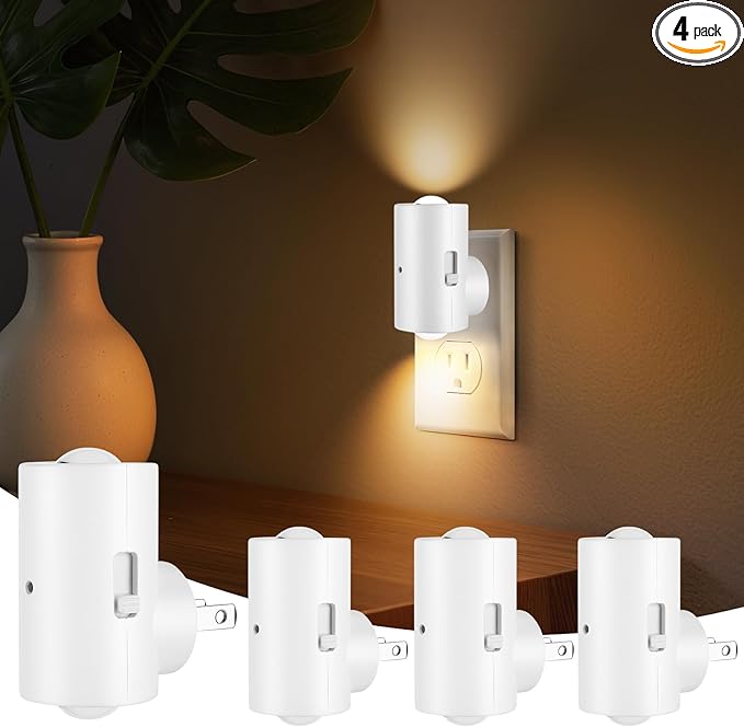 Dimmable Night Lights Plug into Wall, Rotatable Plug-in LED Night Light, Dusk to Dawn Sensor, Adjustable Brightness, 3000K Soft White,for Bedroom, Hallway, Stairway, 4 Pack