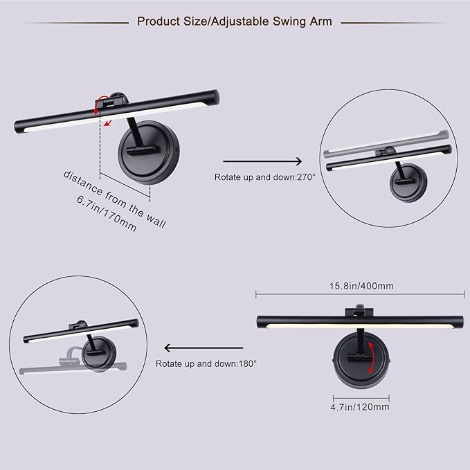 Hardwired 15.7 Inch 7W Black Picture Lights for Wall LED Picture Frame Light Dimmable Painting Lights for Wall Portrait Artwork Warm White