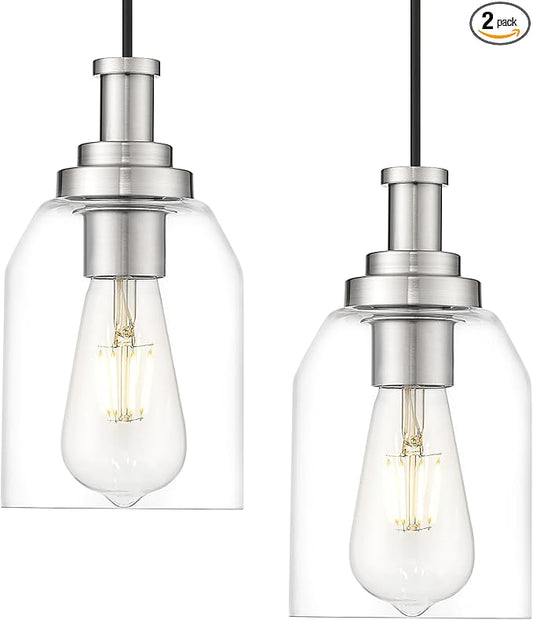 zeyu Modern Pendant Light 2 Pack, Hanging Ceiling Light Fixture for Dining Room Bedroom, Brushed Nickel Pendant Lighting with Clear Glass Shade, ZG33M1L-2 BN
