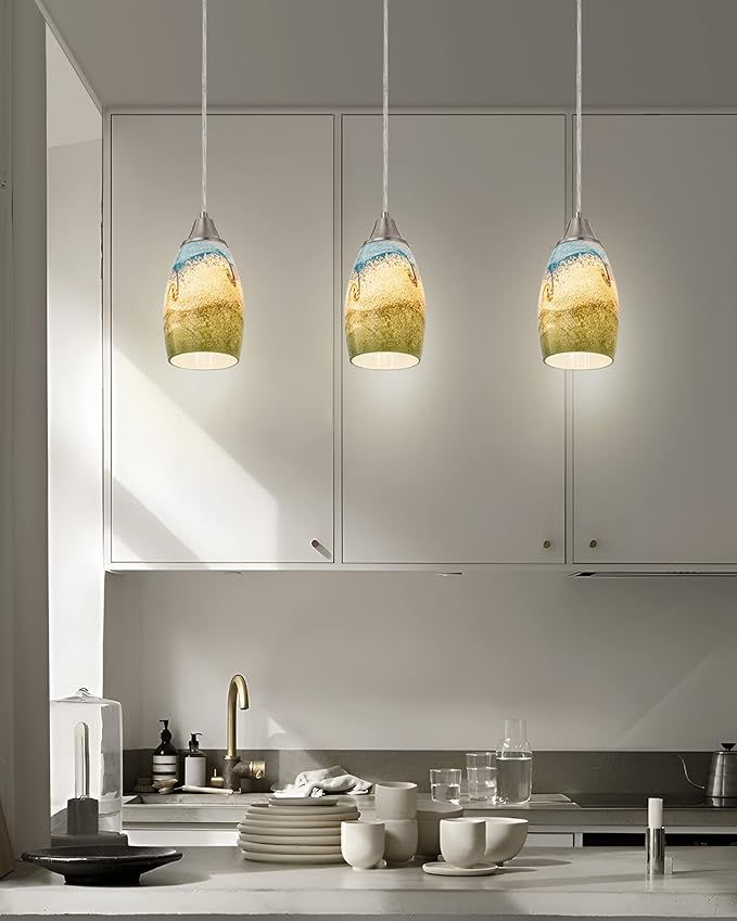 Mini Glass Pendant Lights,Blown Art Glass Pendant Hanging Light Fixtures Kitchen Island Pendant Lamp Shade with Brushed Nickel Finish for Bar Counter,Hallway,Dining Room Multi color-1P