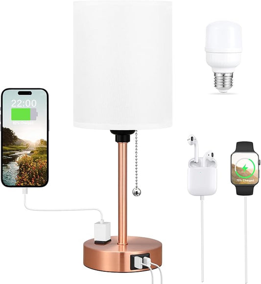 Small Bedside Table lamp for Bedroom - Red Bronze Modern Wedding Gift for Couples, 3 Color Temperatures & USB Ports & AC Outlet, Gold Nightstand Lamps for Reading, Dorm, Office, Living Room, Bathroom