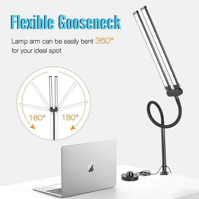 LED Desk Lamp with Two Heads, Clamp On Desk Lamps, 24W, 4000 LMS, CRI>90, 5 Color Modes (2600K-6500K), 10 Brightness Levels, Adapter Included