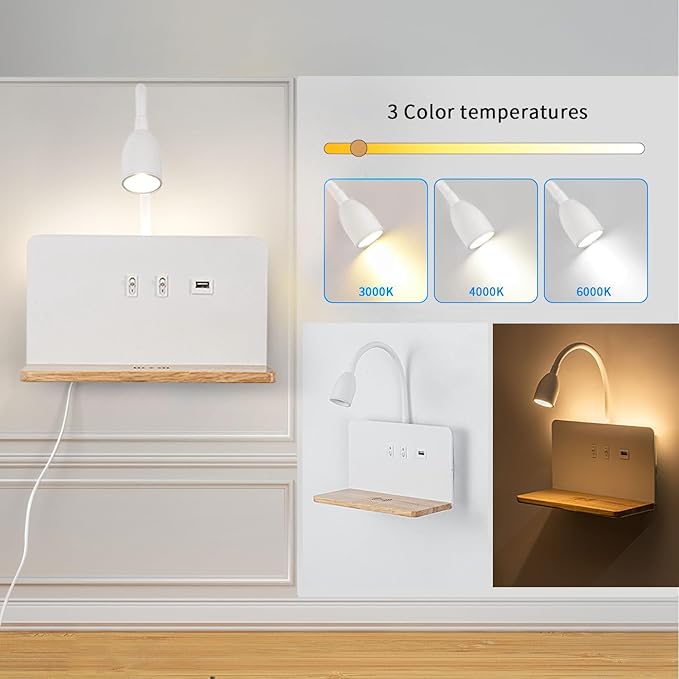 Bedside Wall Sconce with Wireless Charging Station & USB Port, Wall Mounted LED Reading Light with Flexible Gooseneck, 3 Color Temperatures, Plug-in or Hardwired Bed Reading Lamp for Bedroom, White